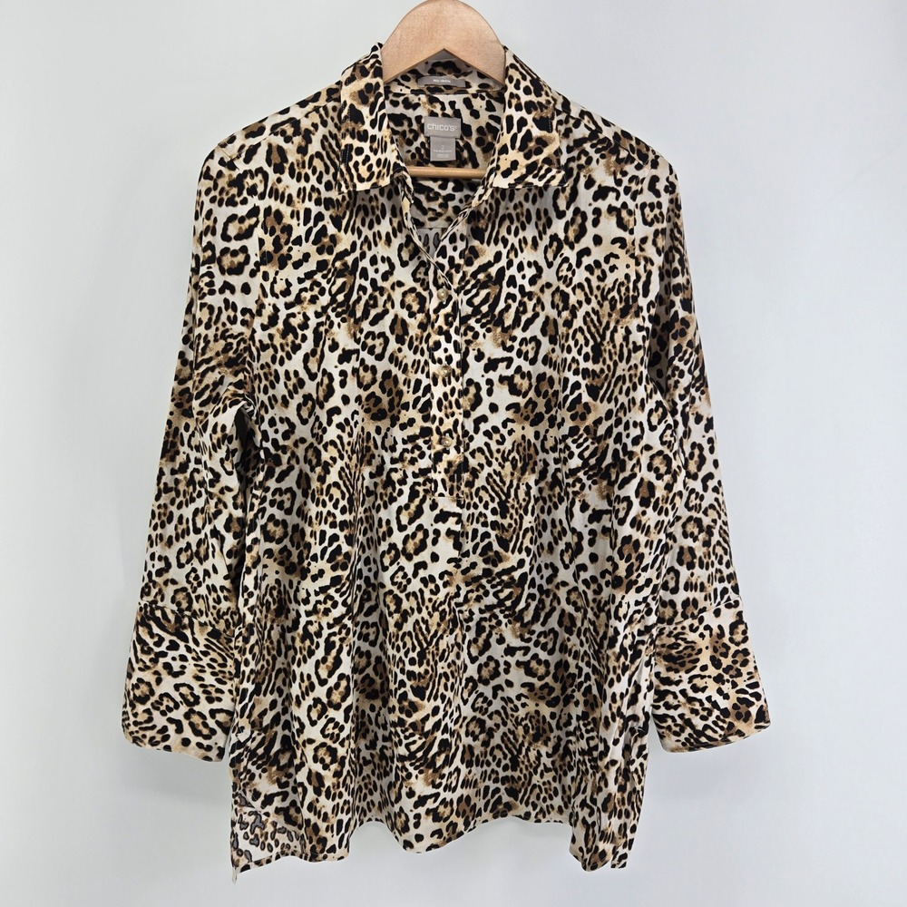 Chico's Button Down Shirt Women 2 L Leopard Print No Iron Long Sleeve Blouse